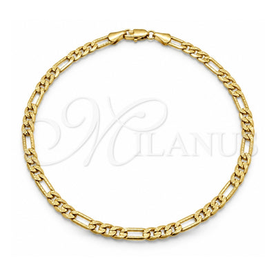 Oro Laminado Basic Anklet, Gold Filled Style Pave Figaro Design, Diamond Cutting Finish, Golden Finish, 03.419.0006.10 (04 MM Thickness, 10 Inches Length)