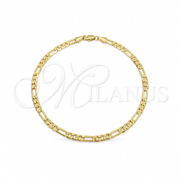 Oro Laminado Basic Anklet, Gold Filled Style Pave Figaro Design, Diamond Cutting Finish, Golden Finish, 03.419.0006.10 (04 MM Thickness, 10 Inches Length)