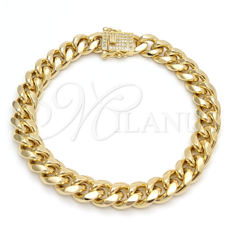 Oro Laminado Basic Bracelet, Gold Filled Style Miami Cuban Design, with White Cubic Zirconia, Polished, Golden Finish, 03.419.0013.09 (10 MM Thickness, 9 Inches Length)