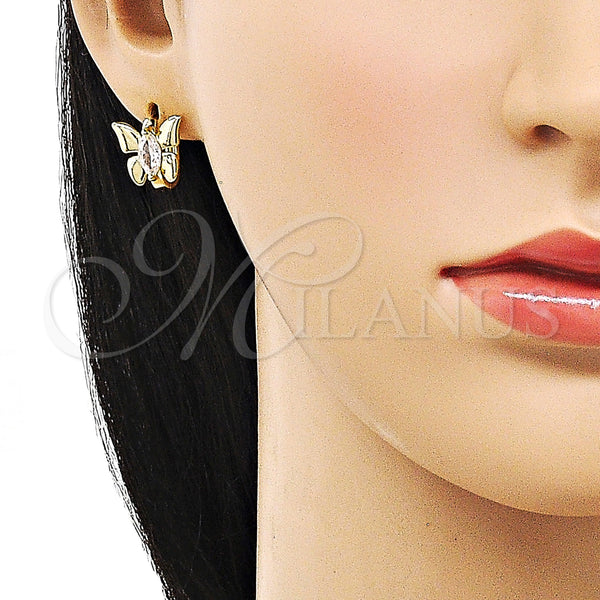 Gold Filled Hoop Earrings — Huggie Hoop Butterfly Design with White Cubic Zirconia — alternate product view — SKU 156485 | Oro Laminado aretes de aro — Huggie Hoop Butterfly diseño with blanco Cubic Zirconia — SKU 156485