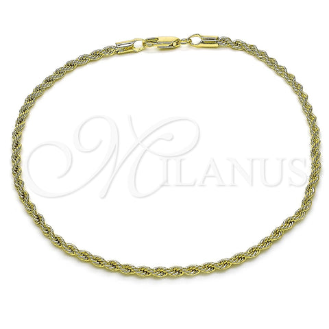 Oro Laminado Basic Anklet, Gold Filled Style Rope Design, Polished, Golden Finish, 5.222.036.10 (02 MM Thickness, 10 Inches Length)
