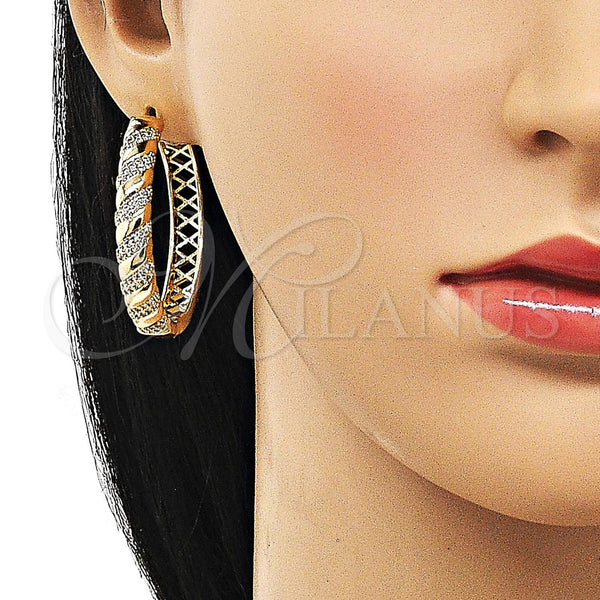 Gold Filled Hoop Earrings — Huggie Hoop Twist Design with White Micro Pave — alternate product view — SKU 156531 | Oro Laminado aretes de aro — Huggie Hoop Twist diseño with blanco Micro Pave — SKU 156531