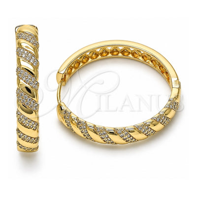Oro Laminado Huggie Hoop, Gold Filled Style Twist Design, with White Micro Pave, Polished, Golden Finish, 02.204.0028.40