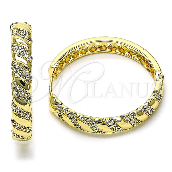 Gold Filled Hoop Earrings — Huggie Hoop Twist Design with White Micro Pave — main product view — SKU 156531 | Oro Laminado aretes de aro — Huggie Hoop Twist diseño with blanco Micro Pave — SKU 156531
