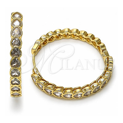 Oro Laminado Huggie Hoop, Gold Filled Style Heart Design, with White Cubic Zirconia, Polished, Golden Finish, 02.204.0030.35