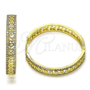 Gold Filled Hoop Earrings — Huggie Hoop Heart Design with White Micro Pave — main product view — SKU 156534 | Oro Laminado aretes de aro — Huggie Hoop corazón diseño with blanco Micro Pave — SKU 156534