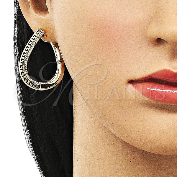 Gold Filled Hoop Earrings — Huggie Hoop Greek Key Design with White Micro — alternate product view — SKU 156535 | Oro Laminado aretes de aro — Huggie Hoop Greek Key diseño with blanco Micro — SKU 156535