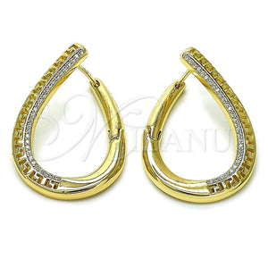 Gold Filled Hoop Earrings — Huggie Hoop Greek Key Design with White Micro — main product view — SKU 156535 | Oro Laminado aretes de aro — Huggie Hoop Greek Key diseño with blanco Micro — SKU 156535