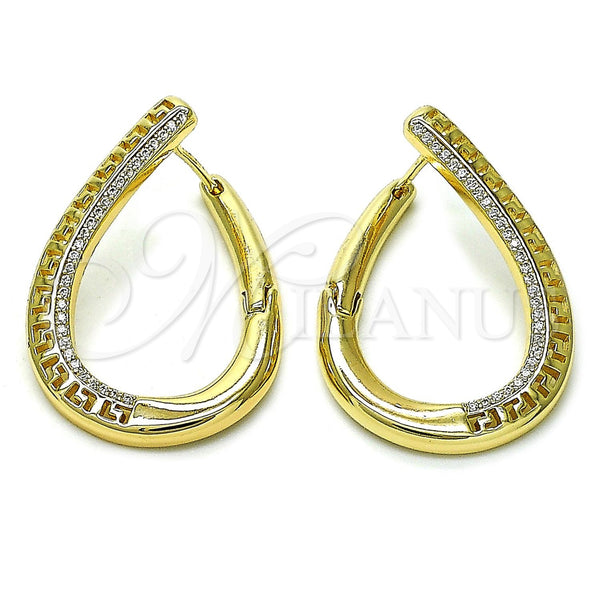 Gold Filled Hoop Earrings — Huggie Hoop Greek Key Design with White Micro — main product view — SKU 156535 | Oro Laminado aretes de aro — Huggie Hoop Greek Key diseño with blanco Micro — SKU 156535