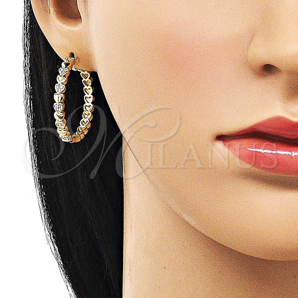 Gold Filled Hoop Earrings — Huggie Hoop Heart Design with White Micro Pave — alternate product view — SKU 156536 | Oro Laminado aretes de aro — Huggie Hoop corazón diseño with blanco Micro Pave — SKU 156536