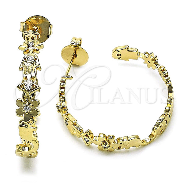 Gold Filled Hoop Earrings — Medium Hoop Judaica and Elephant Design with White — main product view — SKU 156538 | Oro Laminado aretes de aro — Medium Hoop Judaica and Elephant diseño with blanco — SKU 156538