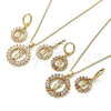 Oro Laminado Earring and Pendant Adult Set, Gold Filled Style San Judas and Baguette Design, with Multicolor Cubic Zirconia, Polished, Golden Finish, 10.316.0072.1