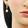 Oro Laminado Dangle Earring, Gold Filled Style Ball Design, with White Cubic Zirconia and Ivory Mother of Pearl, Polished, Golden Finish, 02.213.0724