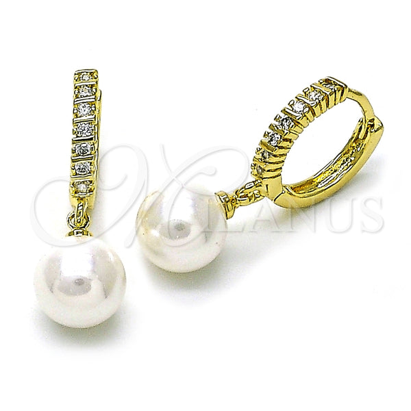 Oro Laminado Dangle Earring, Gold Filled Style Ball Design, with White Cubic Zirconia and Ivory Mother of Pearl, Polished, Golden Finish, 02.213.0724