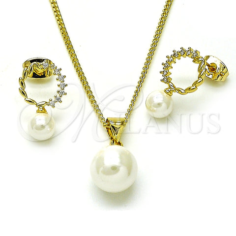 Oro Laminado Earring and Pendant Adult Set, Gold Filled Style Ball Design, with Ivory Mother of Pearl and White Cubic Zirconia, Polished, Golden Finish, 10.213.0023