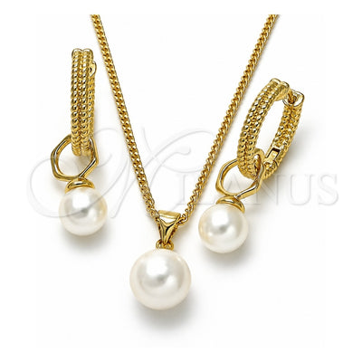 Oro Laminado Earring and Pendant Adult Set, Gold Filled Style Ball and Twist Design, with Ivory Mother of Pearl, Diamond Cutting Finish, Golden Finish, 10.213.0024