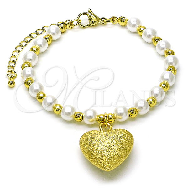 Oro Laminado Fancy Bracelet, Gold Filled Style Heart and Ball Design, with Ivory Pearl, Matte Finish, Golden Finish, 03.341.0229.07 (06 MM Thickness, 7 Inches Length)