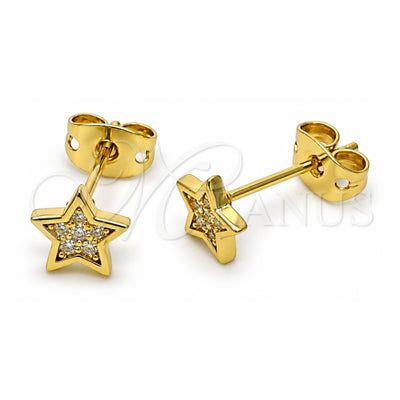 Oro Laminado Stud Earring, Gold Filled Style Star Design, with White Micro Pave, Polished, Golden Finish, 02.341.0223