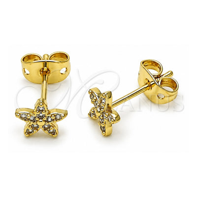 Oro Laminado Stud Earring, Gold Filled Style Flower Design, with White Micro Pave, Polished, Golden Finish, 02.341.0224