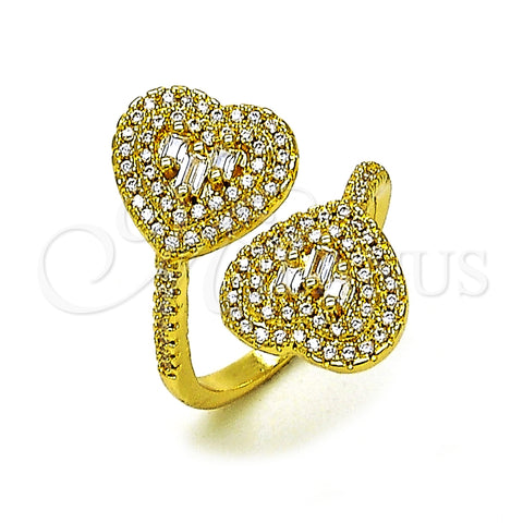 Oro Laminado Multi Stone Ring, Gold Filled Style Heart and Baguette Design, with White Cubic Zirconia and White Micro Pave, Polished, Golden Finish, 01.341.0160