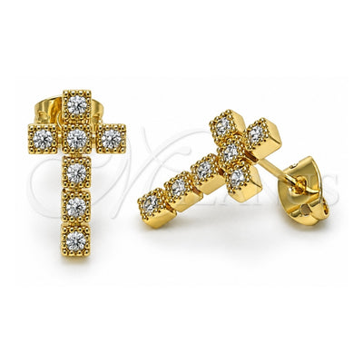Oro Laminado Stud Earring, Gold Filled Style Cross Design, with White Cubic Zirconia, Polished, Golden Finish, 02.213.0747