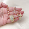 Oro Laminado Medium Rosary, Gold Filled Style Guadalupe and Greek Key Design, Diamond Cutting Finish, Tricolor, 09.411.0003.24
