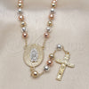Oro Laminado Medium Rosary, Gold Filled Style Guadalupe and Greek Key Design, Diamond Cutting Finish, Tricolor, 09.411.0003.24