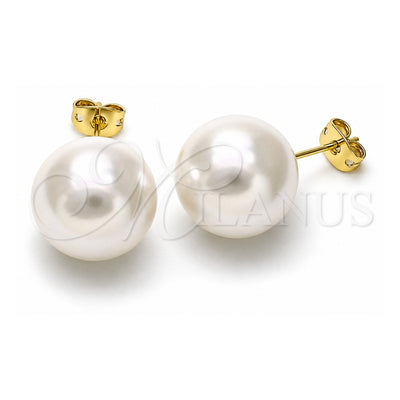 Oro Laminado Stud Earring, Gold Filled Style Ball Design, with Ivory Pearl, Polished, Golden Finish, 02.213.0749
