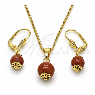 Oro Laminado Earring and Pendant Adult Set, Gold Filled Style Ball Design, with Brown Goldstone Venturina, Polished, Golden Finish, 10.341.0011