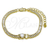 Oro Laminado Fancy Bracelet, Gold Filled Style Love and Baguette Design, with White Cubic Zirconia and White Micro Pave, Polished, Golden Finish, 03.411.0025.07 (05 MM Thickness, 7 Inches Length)