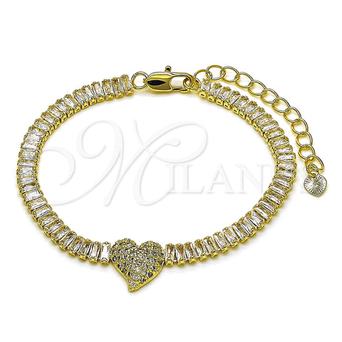 Oro Laminado Fancy Bracelet, Gold Filled Style Heart and Baguette Design, with White Cubic Zirconia and White Micro Pave, Polished, Golden Finish, 03.411.0026.07 (05 MM Thickness, 7 Inches Length)