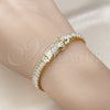 Oro Laminado Fancy Bracelet, Gold Filled Style San Judas and Baguette Design, with White Micro Pave, Polished, Golden Finish, 03.411.0027.07 (06 MM Thickness, 7 Inches Length)