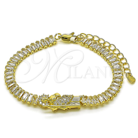 Oro Laminado Fancy Bracelet, Gold Filled Style San Judas and Baguette Design, with White Micro Pave, Polished, Golden Finish, 03.411.0027.07 (06 MM Thickness, 7 Inches Length)
