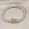 Oro Laminado Fancy Bracelet, Gold Filled Style Guadalupe and Baguette Design, with White Cubic Zirconia and Multicolor Micro Pave, Polished, Golden Finish, 03.411.0029.1.07 (06 MM Thickness, 7 Inches Length)