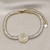 Oro Laminado Fancy Bracelet, Gold Filled Style Guadalupe and Baguette Design, with White Cubic Zirconia and White Micro Pave, Polished, Golden Finish, 03.411.0030.07 (05 MM Thickness, 7 Inches Length)