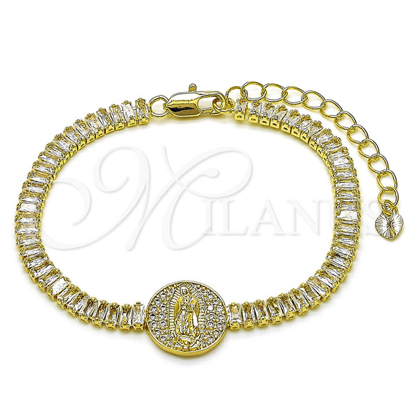Oro Laminado Fancy Bracelet, Gold Filled Style Guadalupe and Baguette Design, with White Cubic Zirconia and White Micro Pave, Polished, Golden Finish, 03.411.0030.07 (05 MM Thickness, 7 Inches Length)