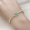 Oro Laminado Fancy Bracelet, Gold Filled Style San Judas and Baguette Design, with White Cubic Zirconia, Polished, Tricolor, 03.411.0031.1.07 (05 MM Thickness, 7 Inches Length)