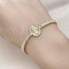 Oro Laminado Fancy Bracelet, Gold Filled Style San Judas and Baguette Design, with White Cubic Zirconia, Polished, Tricolor, 03.411.0032.07 (05 MM Thickness, 7 Inches Length)