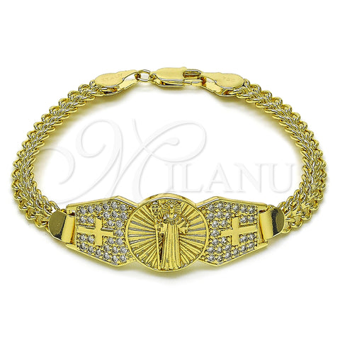 Oro Laminado Fancy Bracelet, Gold Filled Style San Benito and Bismark Design, with White Cubic Zirconia, Polished, Golden Finish, 03.411.0038.08 (07 MM Thickness, 8 Inches Length)