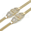 Oro Laminado Fancy Bracelet, Gold Filled Style San Benito and Bismark Design, with White Cubic Zirconia, Polished, Golden Finish, 03.411.0038.08 (07 MM Thickness, 8 Inches Length)
