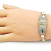 Oro Laminado Fancy Bracelet, Gold Filled Style San Benito and Bismark Design, with White Cubic Zirconia, Polished, Tricolor, 03.411.0038.1.08 (07 MM Thickness, 8 Inches Length)