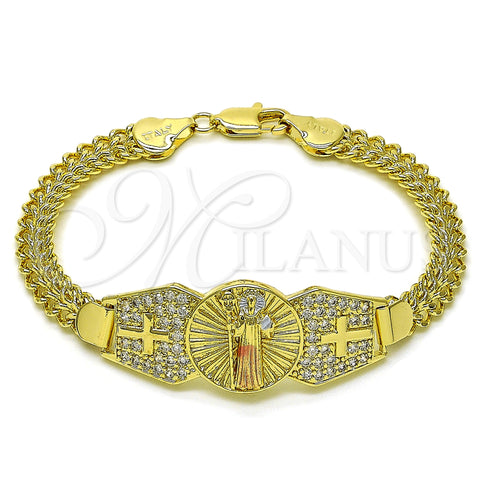 Oro Laminado Fancy Bracelet, Gold Filled Style San Benito and Bismark Design, with White Cubic Zirconia, Polished, Tricolor, 03.411.0038.1.08 (07 MM Thickness, 8 Inches Length)