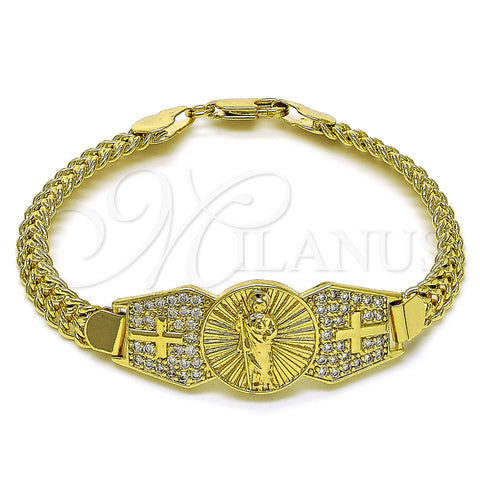 Oro Laminado Fancy Bracelet, Gold Filled Style San Judas and Bismark Design, with White Cubic Zirconia, Polished, Golden Finish, 03.411.0040.08 (07 MM Thickness, 8 Inches Length)