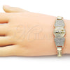 Oro Laminado Fancy Bracelet, Gold Filled Style San Judas and Bismark Design, with White Cubic Zirconia, Polished, Golden Finish, 03.411.0042.08 (07 MM Thickness, 8 Inches Length)