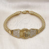 Oro Laminado Fancy Bracelet, Gold Filled Style San Judas and Bismark Design, with White Cubic Zirconia, Polished, Golden Finish, 03.411.0042.08 (07 MM Thickness, 8 Inches Length)