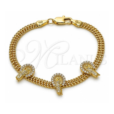 Oro Laminado Fancy Bracelet, Gold Filled Style San Judas and Bismark Design, with White Micro Pave, Polished, Golden Finish, 03.411.0046.07 (05 MM Thickness, 7 Inches Length)
