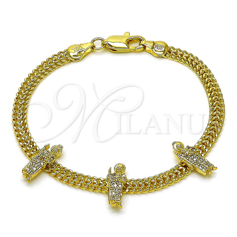 Oro Laminado Fancy Bracelet, Gold Filled Style San Judas and Bismark Design, with White Micro Pave, Polished, Golden Finish, 03.411.0047.07 (05 MM Thickness, 7 Inches Length)