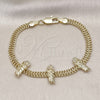 Oro Laminado Fancy Bracelet, Gold Filled Style San Judas and Bismark Design, with White Micro Pave, Polished, Golden Finish, 03.411.0048.07 (05 MM Thickness, 7 Inches Length)