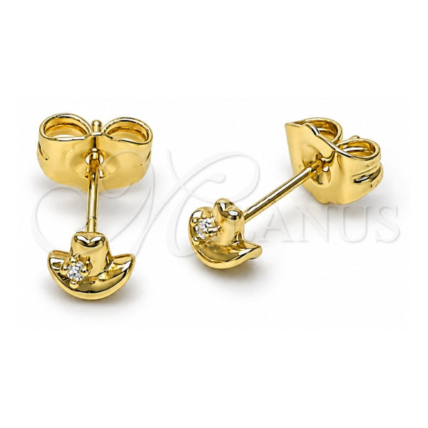 Oro Laminado Stud Earring, Gold Filled Style Hat Design, with White Cubic Zirconia, Polished, Golden Finish, 02.60.0165