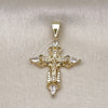 Oro Laminado Religious Pendant, Gold Filled Style Cross and Crucifix Design, with White Cubic Zirconia, Polished, Golden Finish, 05.253.0190